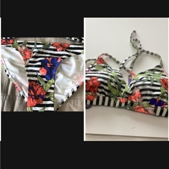 Eidon Surf D Cup Striped Floral Bikini Top Extra Small Bikini Bottoms